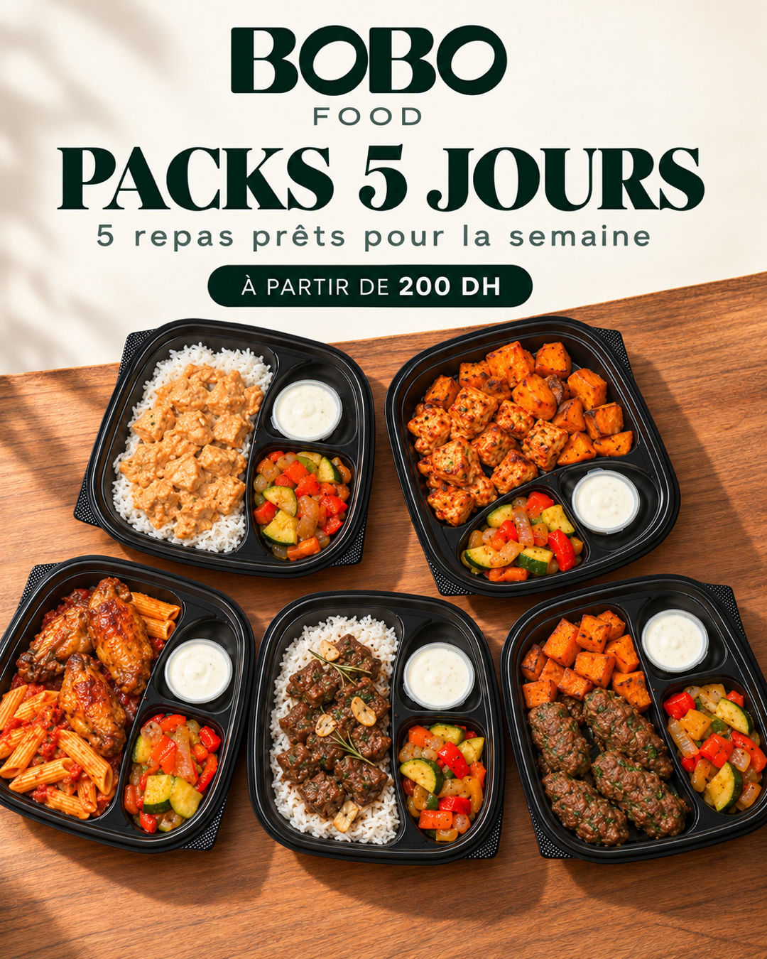 Une sélection de cinq repas BoBo Food, avec poulet, viande rouge et accompagnements